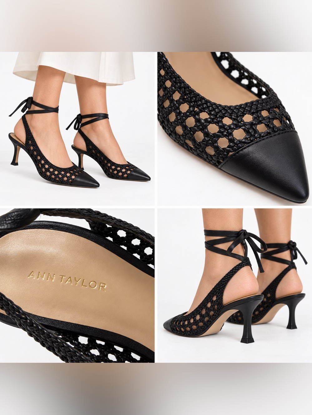 Ann Taylor Black Woven Leather Pointed Toe Slingback Heels Size 9.5